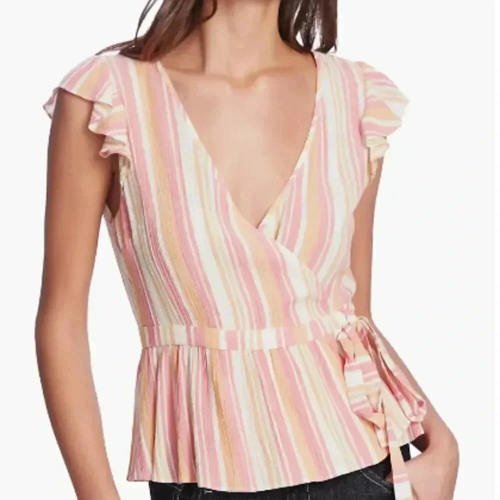1 State Striped Wrap Top Ruffle Sleeves